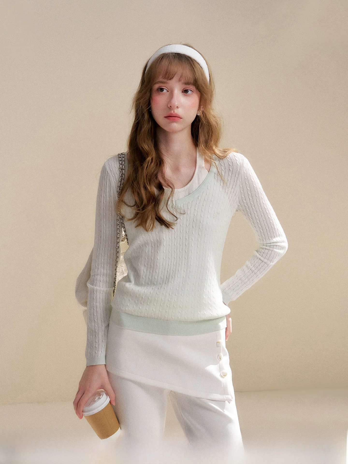 

Kroche Wool Blend Long Sleeve Knitted Sweater Color Block Neck Hanging Fake Two-Piece Loose Fit 3D Twist Casual Style Women's...