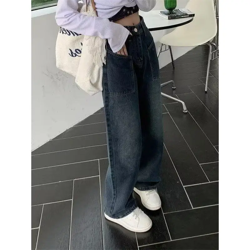 

Широкие джинсы с высокой талией, женские осенние джинсы INS, новый маленький дизайн, прямые брюки длиной до пола, модные гонконгские брюки