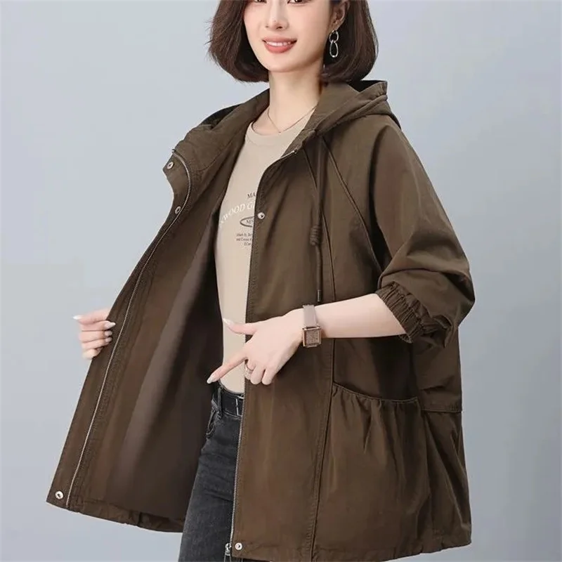 

Autumn Ladies Casual Trench Coat Women Long Sleeved Large Size 4XL Tops Outwear Korean Female Fashion Hooded Windbreaker Jacket