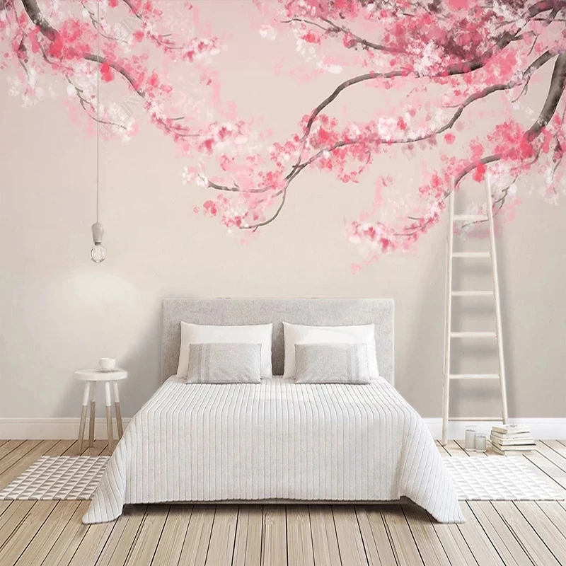 Custom 3D Mural Wallpaper Hand Painted Chinese Ink Watercolor Cherry Blossoms Tree Living room TV background bedroom restaurant