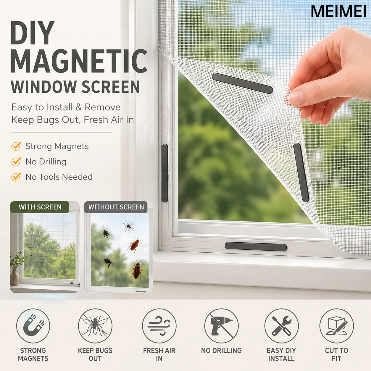 DIY Magnetic Window Screen No Drill Removable Mosquito Net Mesh Magnet Anti-Insect Fly Screen Buckles for Home Windows