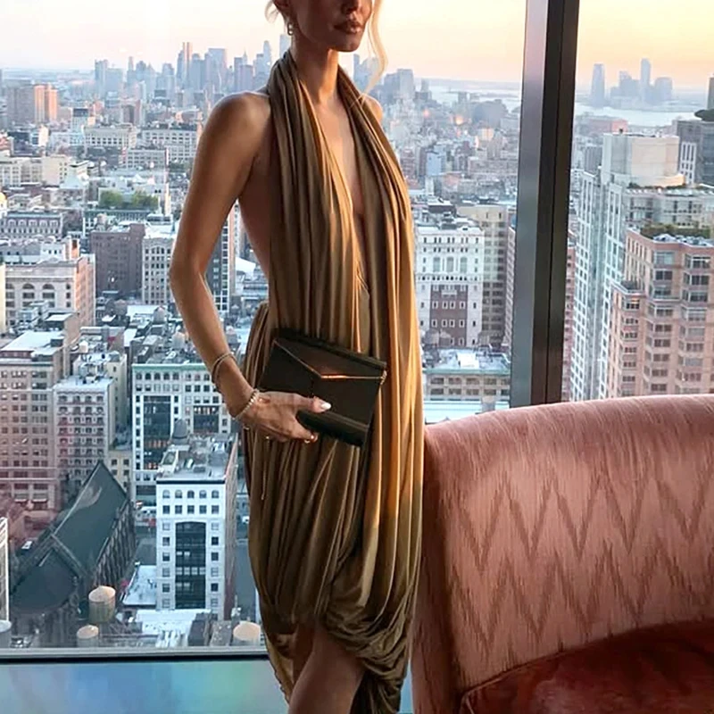 

Sexy Hollow Out Sleeveless Backless Dress Summer New Solid Hollow Out Party Dress for Women Fashion Irregular Ruffles Slim Dress