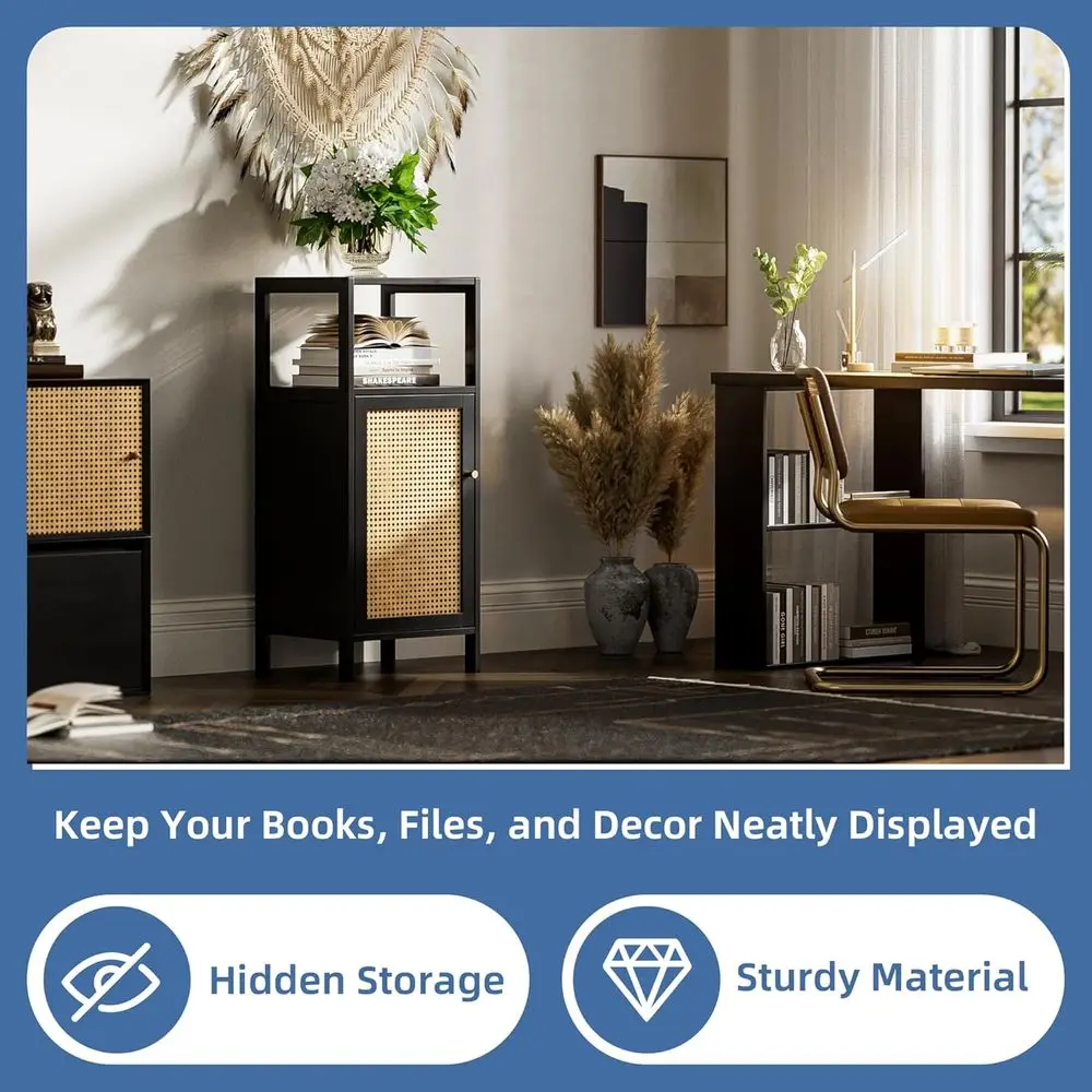 Компактный бамбуковый шкаф для хранения небольших ванных комнат с дверцей из ротанга, гладкий черный отдельно стоящий кухонный шкаф