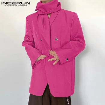 Incerun Männer Blazer einfarbig Revers Langarm Knopf Schal Freizeit anzüge Männer Streetwear Herbst 2024 Mode dünne Mäntel S-5XL