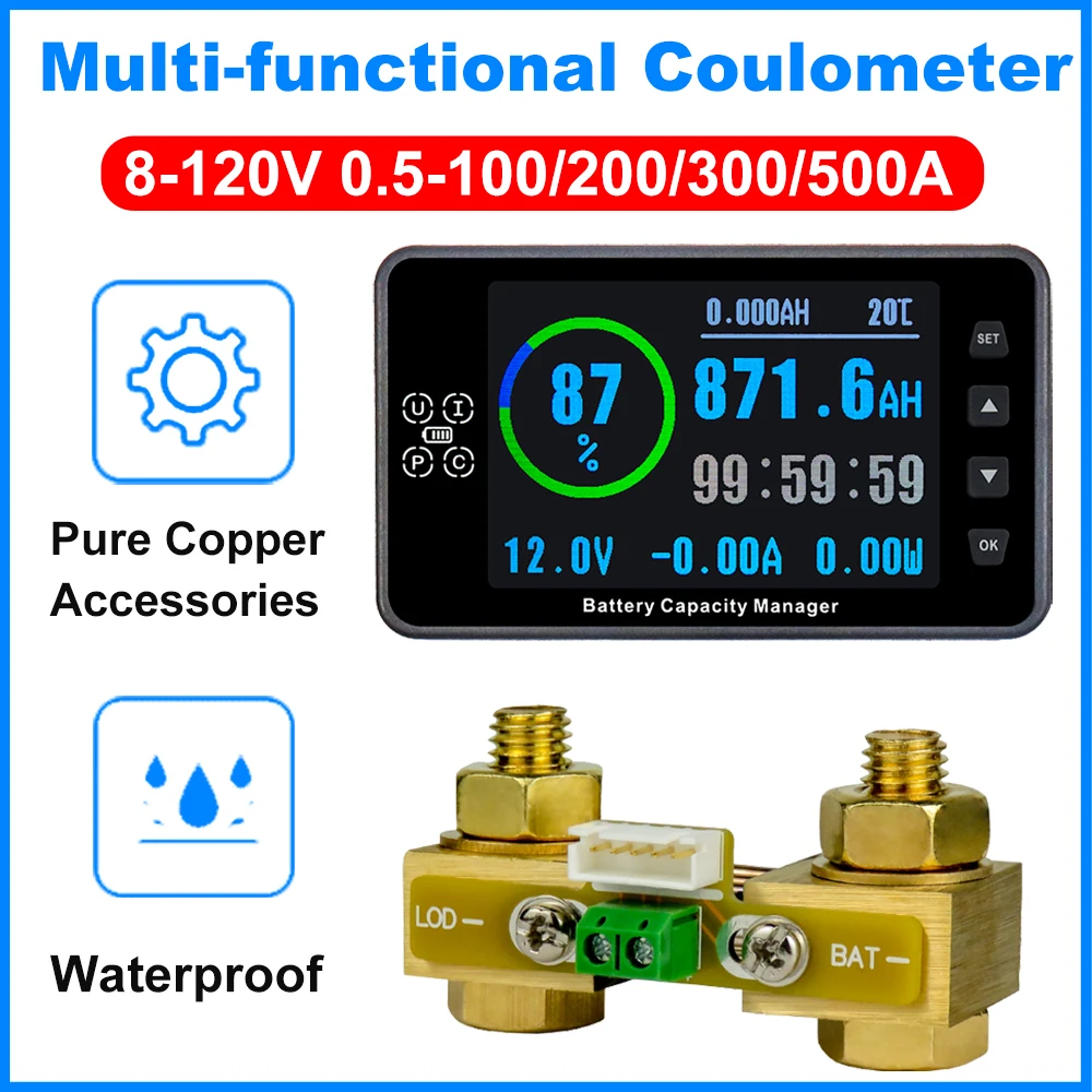 Coulometer Multi-functional Battery Capacity Meter Voltmeter Ammeter Battery Detecter 8-120V 3.5 inch Diverter With Base VA9910