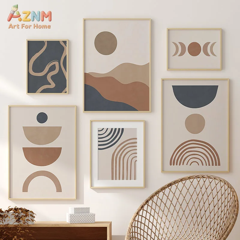 AZNM Neutral Earth Tone Boho Canvas Print Abstract Mountain Moon Phase Rainbow Geometric Minimalist Home Wall Poster Unframed De