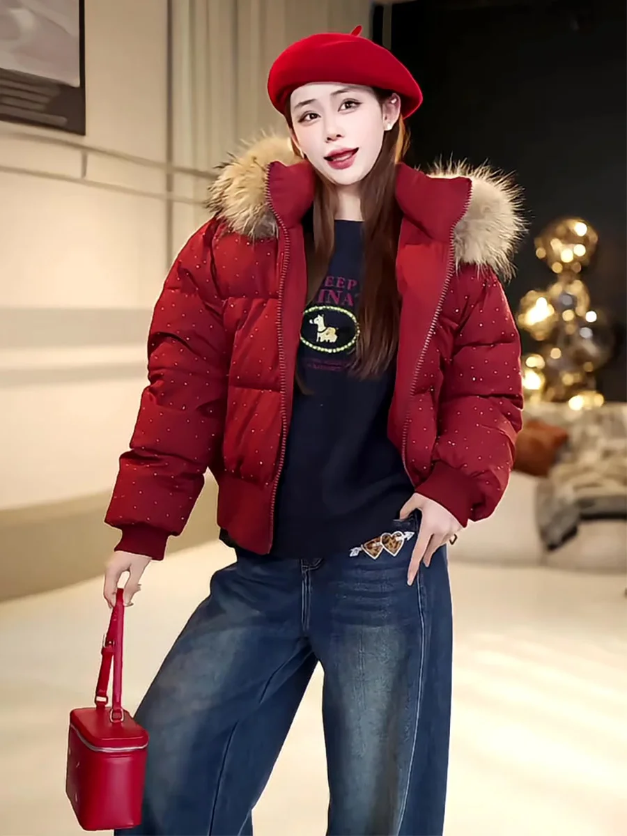 

Casual Sle ort Hooded down Jaet Women's 2025 Winter Red 90 White Du down Warm Cold Resistant Coat with Large Fur Collar