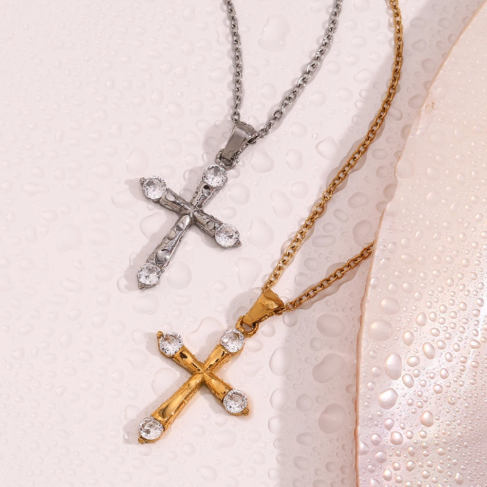 E.B.belle Minimalist Style Glossy Rhinestone Cross Pendant Necklace Tarnish Free Hypoallergenic 316L Stainless Steel For Women