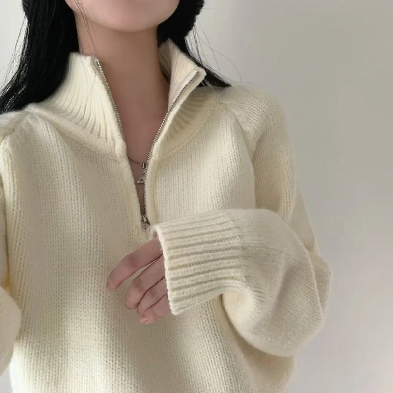 Design chique cor pura camisola de malha feminina ajuste solto outono inverno f zip gola malhas versátil casual topo