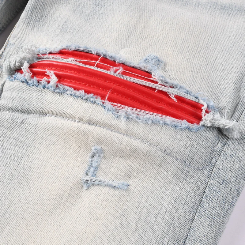 High Street Fashion Designer Men Jeans Retro Light Blue Stretch Skinny Fit Patched Ripped Jeans Men Brand Hip Hop Denim Pants