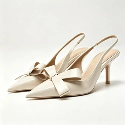Women's High Heels Sandals Butterfly-knot Design Summer Footwear Chic Pointed Patent Leather Beige Elegant Female Wedding Shoes