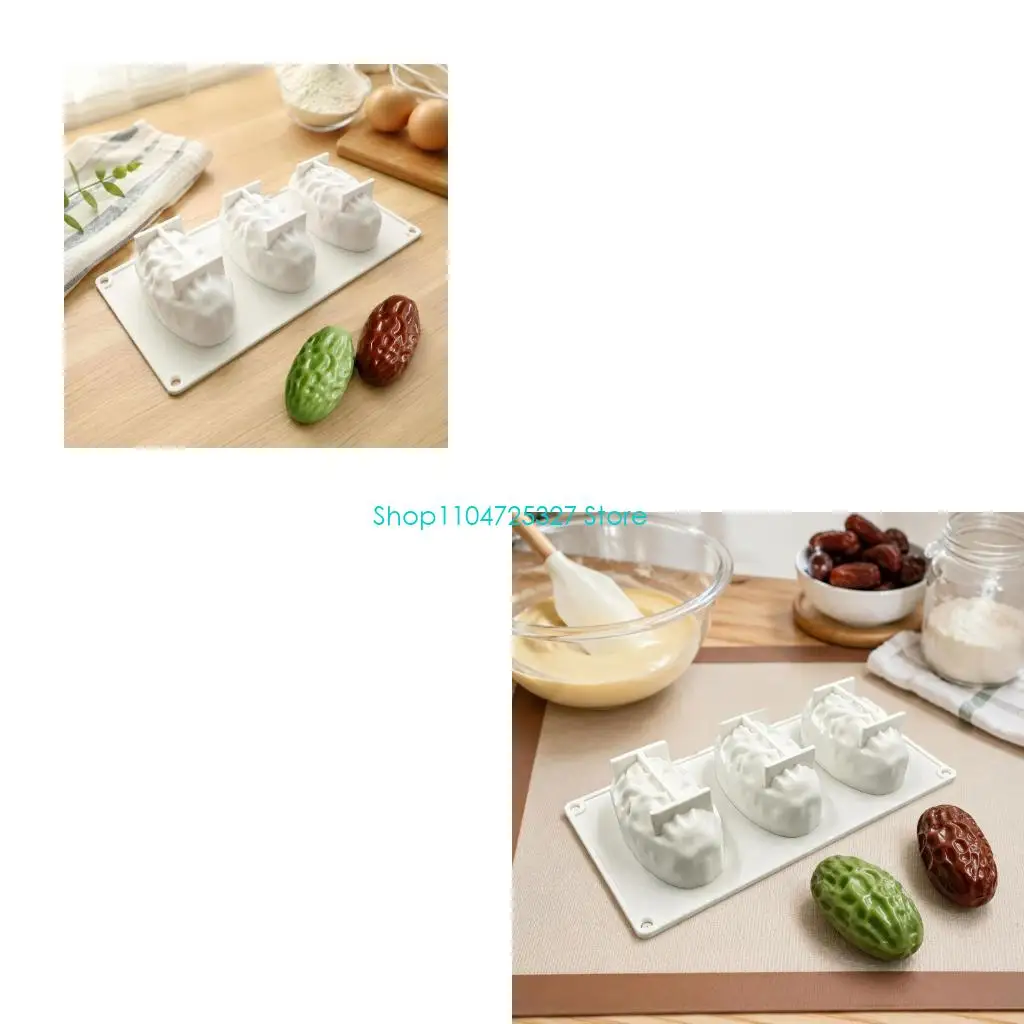 D8KF 3 Cavity Date Baking Tray White Kitchen Form for Chocolate Treats, Flexible Dessert Pan 10.6 x 21.8 x 3.9 for Family Pastry