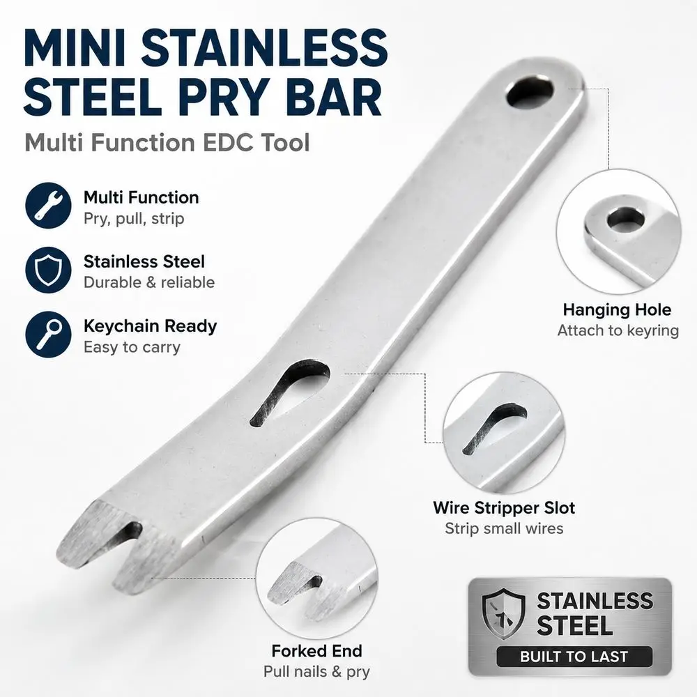 New Stainless Steel Nail Puller Tool Forked End Nail Puller Slot EDC Pry Tool Keychain Hole Wire Stripper Mini Pry Bar EDC Carry