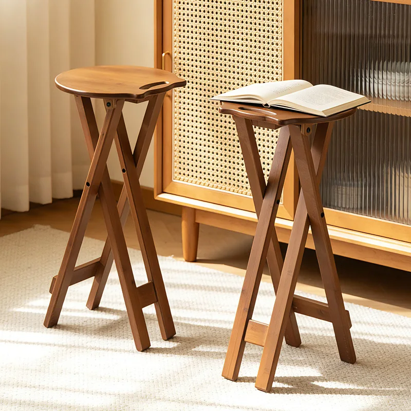 

Folding high stool, household folding dining stool, dining room wooden round stool, wooden bar stool, retro style folding stool