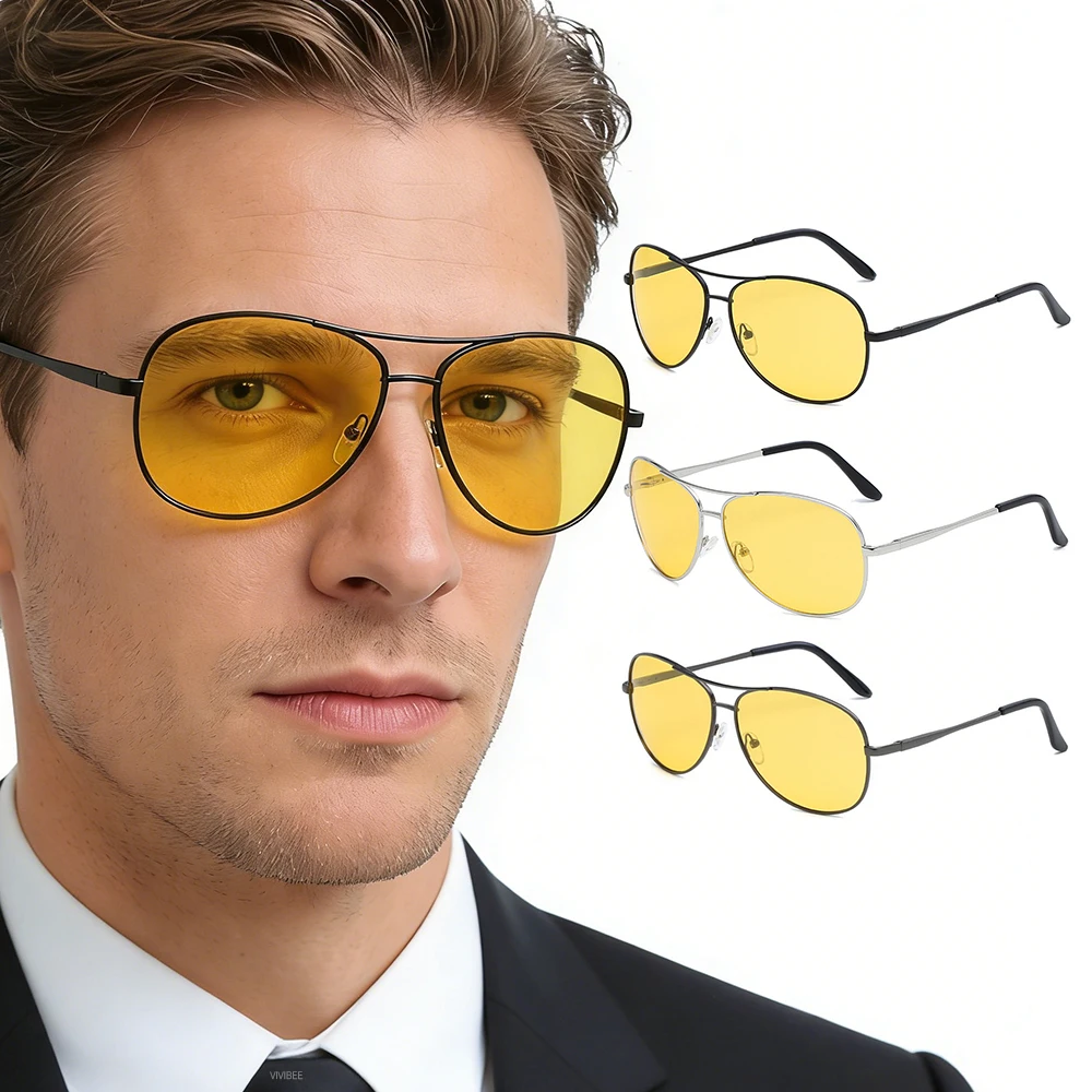 VIVIBEE Piloto Óculos de Visão Noturna para Condução Nocturna Amarelo Polarizado Lente UV400 Óculos de Aviação Homens Visão Noturna Óculos de Sol