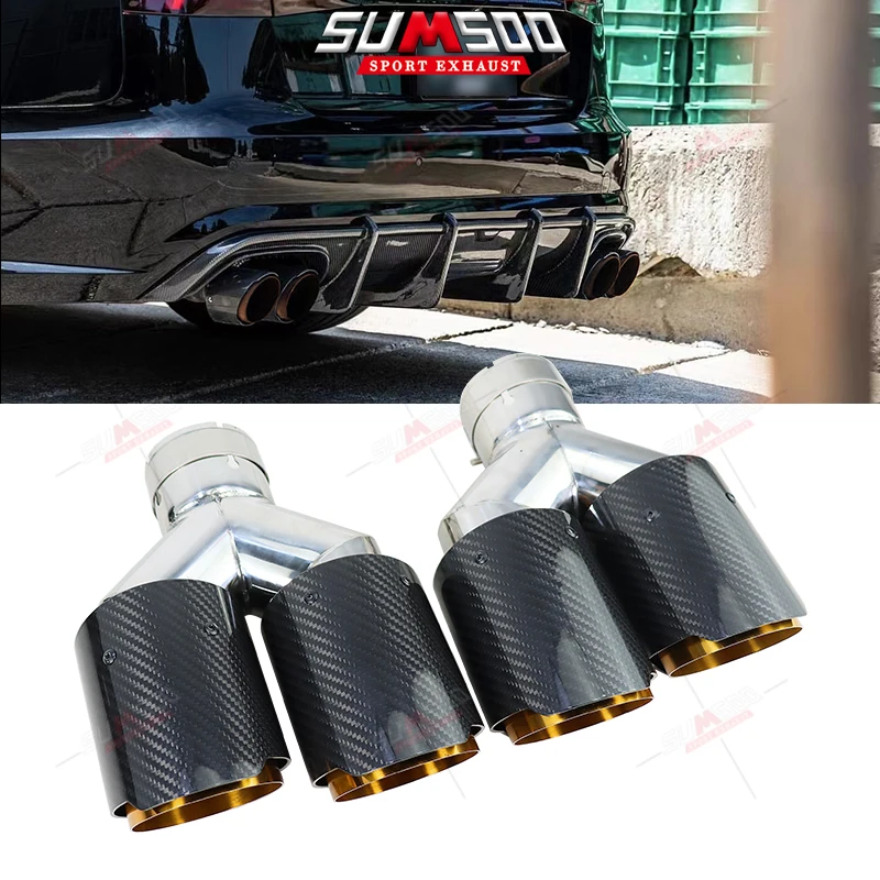 SUMSOO1PCS Carbon Fiber + Golden Chrome Stainless Steel Car Exhaust Tip Double End Pipe Modification Muffler