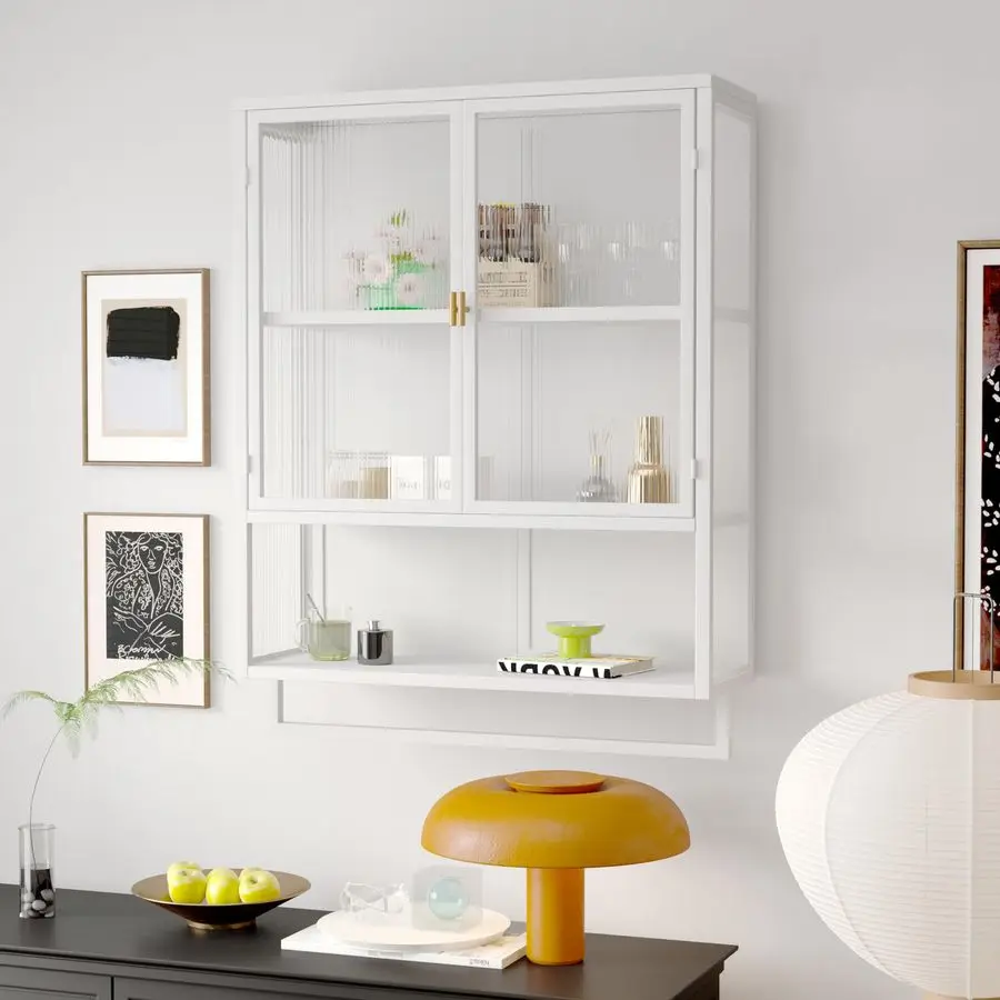 

Retro Style Haze Double Glass Door Wall Cabinet with Detachable Shelves for Office, Dining Room,Living Room, Kitchen and Bathroo