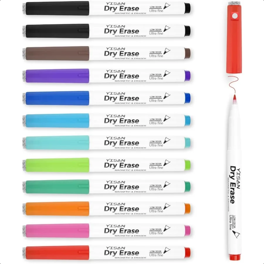 

Dry Erase Markers Ultra Fine Tip 0.7mm Extra Fine Point Magnetic Whiteboard Markers with Erasers Assorted Colors Low Odor 12 Co