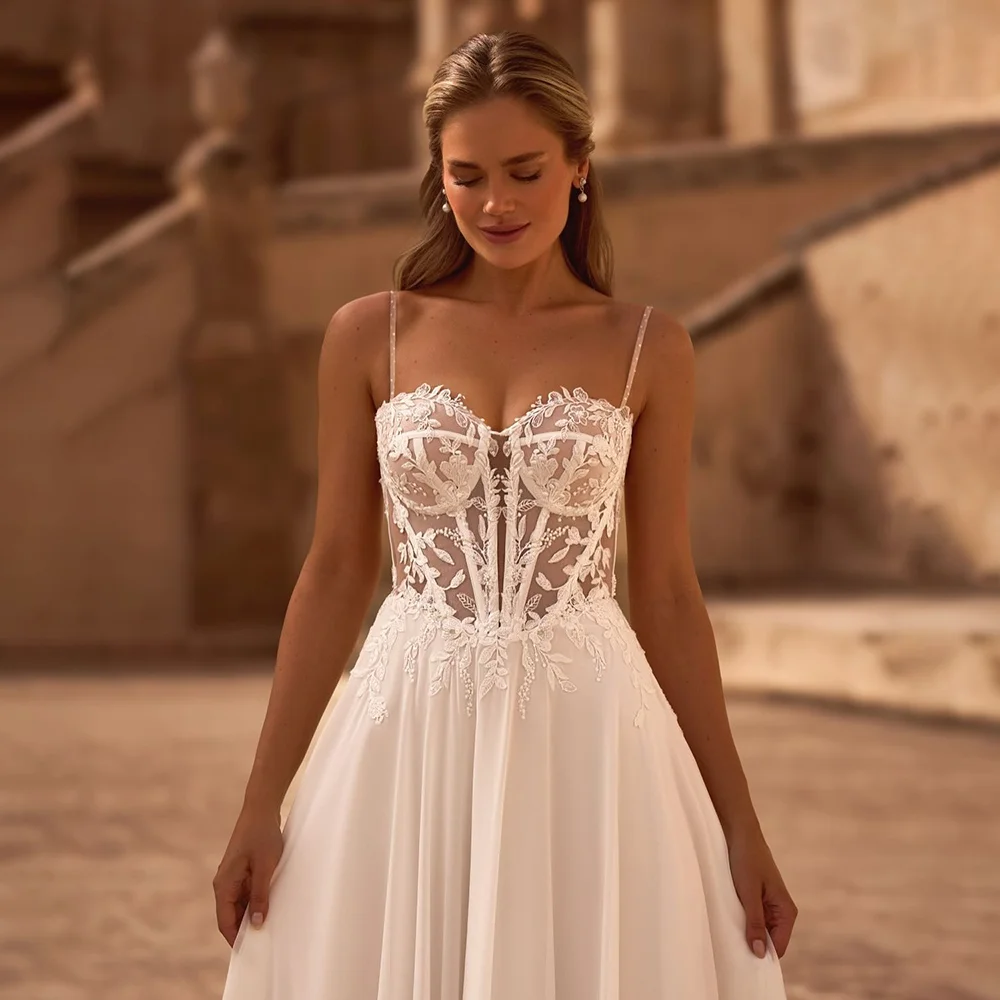 ZIBUYU Spaghetti Strap Sweetheart Neckline Lace - Embroidered Tulle A - Line Bridal Dresses Floor Length Wedding Gown Customized