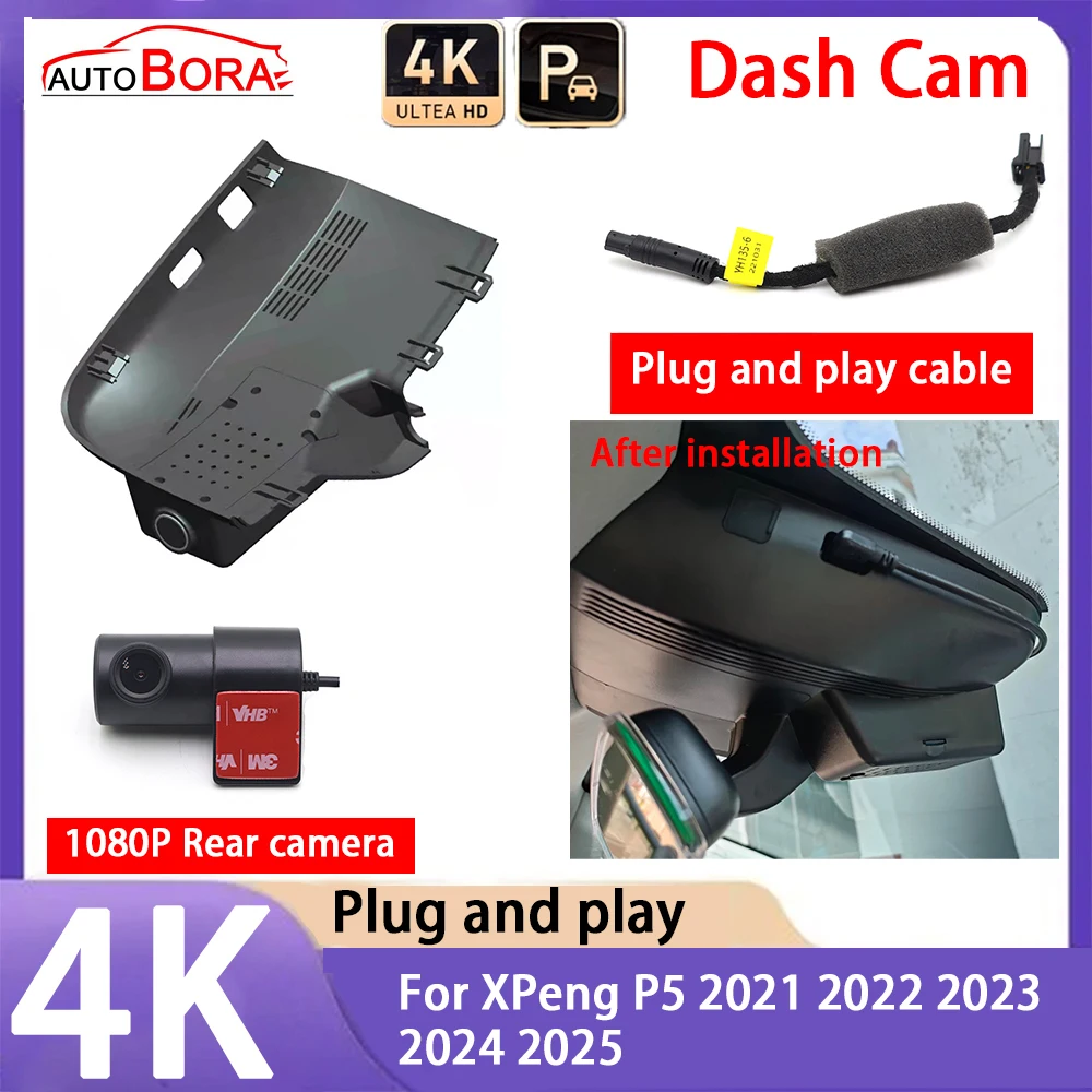 AutoBora 4K 2160P Car Camera Plug and Play UHD Dash Cam Night Vision for XPeng P5 2021 2022 2023 2024 2025