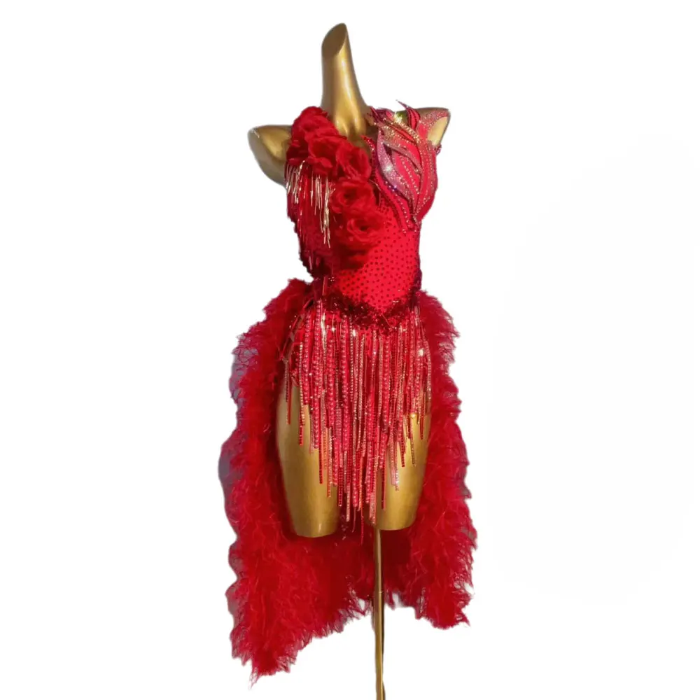 Robe de Scène Internationale de brevLatine pour Femme, Costume de Spectacle Haut de Gamme, Personnalisé, Grande Fleur Rouge, Queue en Peluche, Samba, Strass