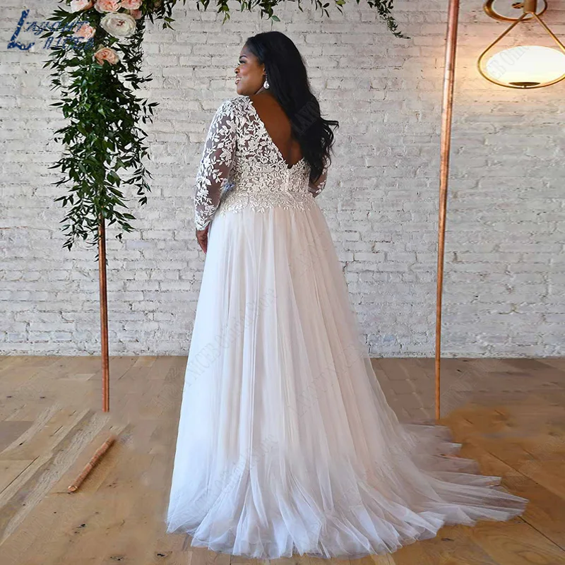 Robe de mariée en dentelle, grande taille, manches longues, col en v, style boho, en Tulle, sur mesure Plus taille robe de mariée dentelle manches longues robe de mariée appliques V - neck gilet noir bohème tulle a - w