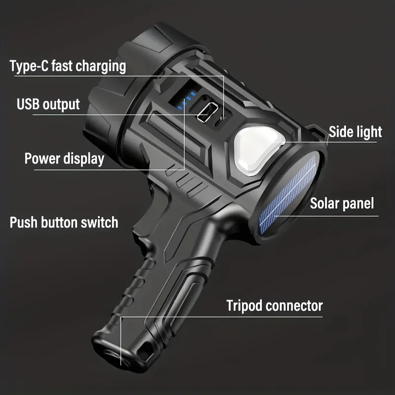 Imagem -06 - Solar Recarregável Trabalho Luz com Função de Saída Led Brilhante Holofote Lanterna ao ar Livre Camping Lanterna Spotlight Emergência