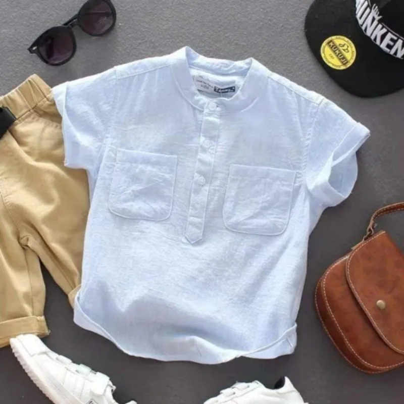 Cotton Toddler Boy's Short Sleeve Stand Collar Breathable T Shirt Summer Thin Stylish Base Layer for Kids​
