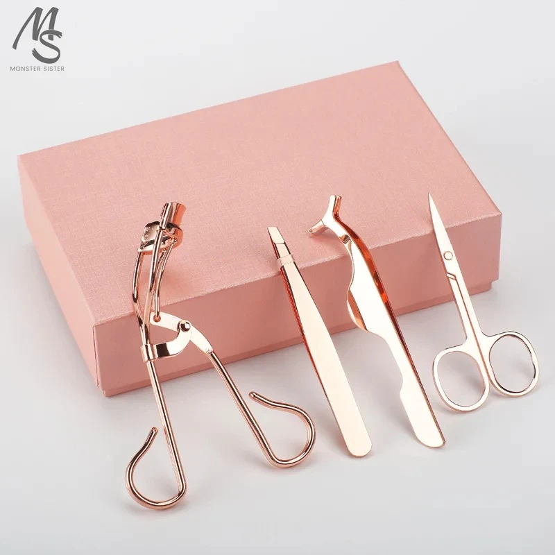 

4Pcs Set Rose Gold Eye Lashes Stainless Steel Makeup Set Eyelash Curler Eyebrow Tweezers Scissors Eyelash Tools