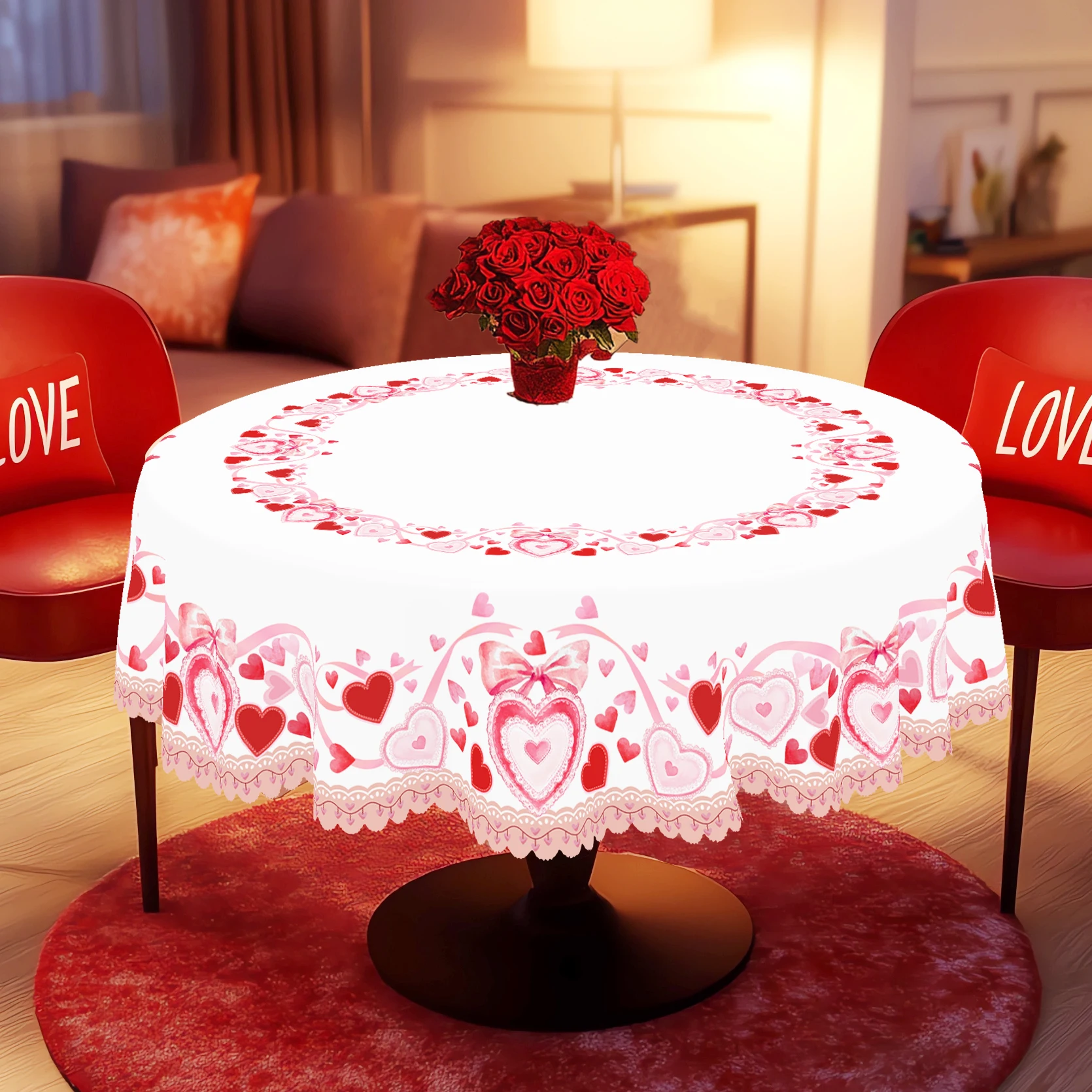 1 Piece Valentine\'s Day Round Tablecloth, 5 Sizes, Spring Romantic Heart-Shaped Printed Square Tablecloth, Edge Embossing Process, Wedding