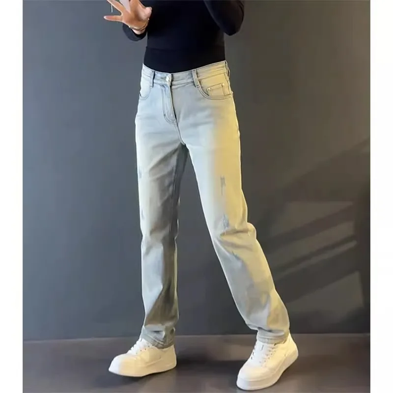 

Мужские джинсы премиум-класса прямого кроя, светло-голубые, летние, модные, городские, свободного кроя, длинные брюки, простые, элегантные, повседневные
