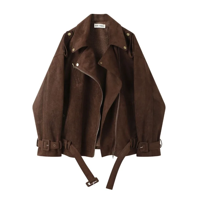 Retro Maillard Suede. Short Coffee-colored Leather Jacket for Women's Autumn and Winter, Lapel Motorcycle Flight Leather Jacket.