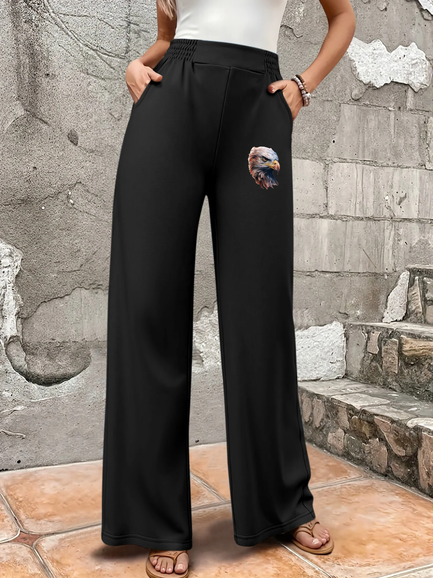

Bald Eagle Print Women's Elastic Waist Wide Leg Pants Casual Streetwear Joggers Patriotic Style Trousers