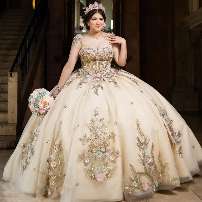 

Блестящее платье Quinceanera цвета шампанского, блестящая 3D цветочная наклейка с длинным хвостом и бантом, Vestidos De 15, Quinceanera ﻿ Настроить