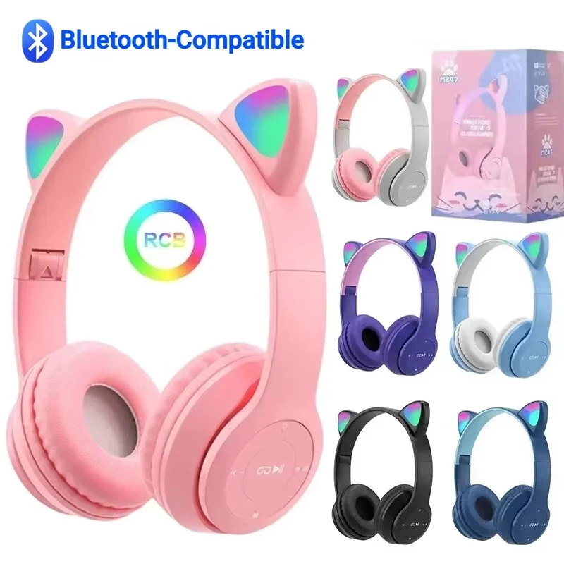 P47M Wireless Headphone Flash Light Cute Cat Bluetooth with HD Mic Control LED Stereo Music Helmet Phone Bluetooth Headset Gift