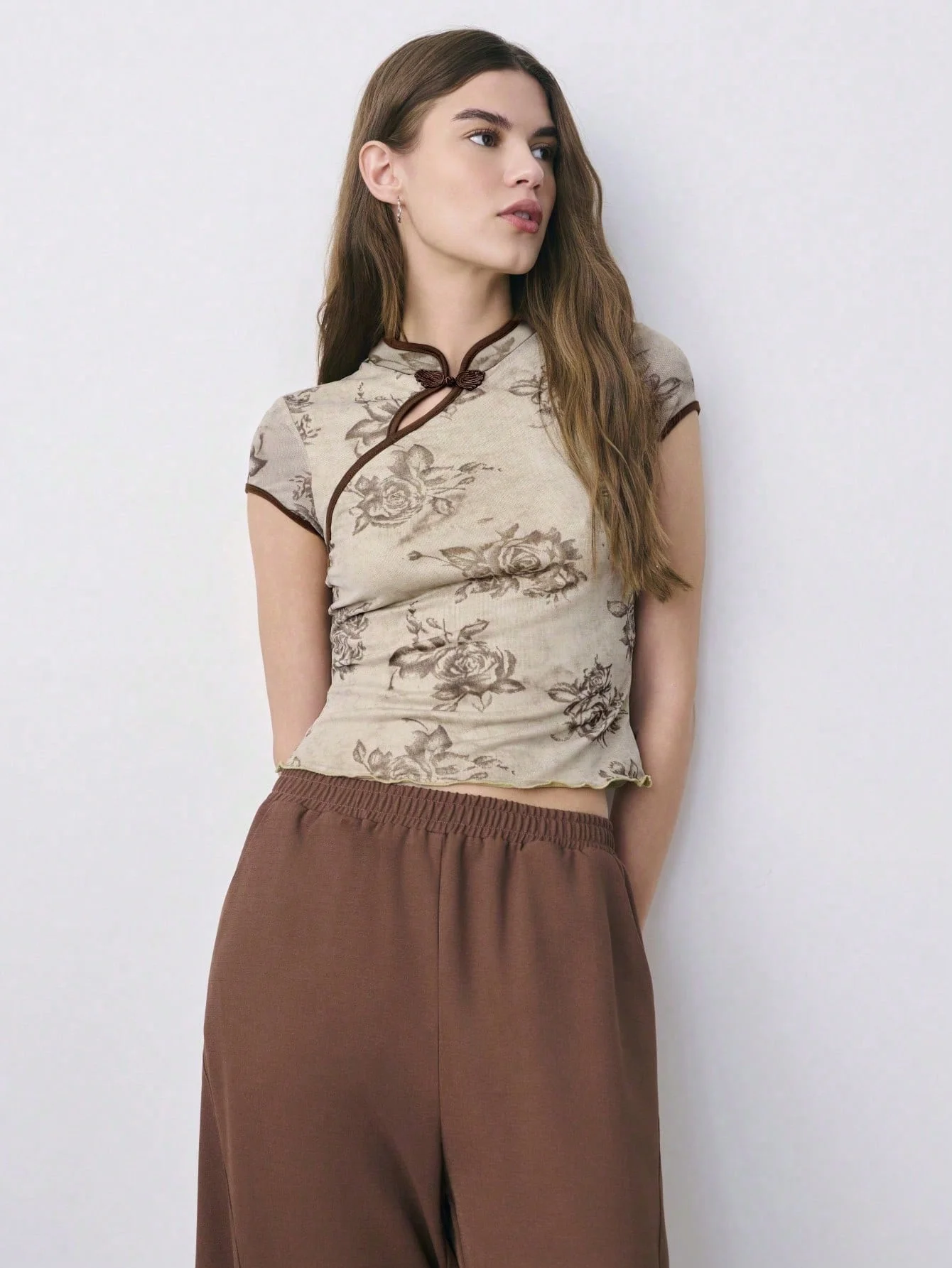 Vintage Chinese Style Rose Print Cheongsam Collar Short Sleeve T-Shirt, Retro Frog Button Slant Placket Slim Fit Crop Top, Summe