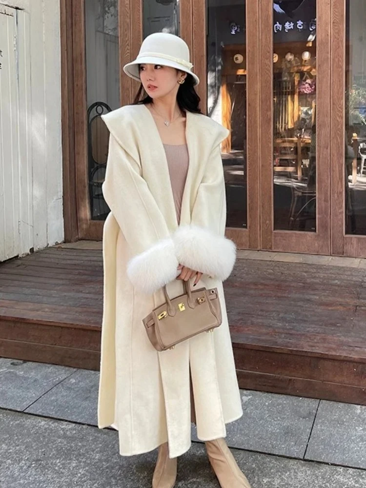 2025 Nuovo Grande Collare Reale Polsino di Pelliccia di Volpe Cappotto di Lana di Cachemire Elegante Giacca di Lana a doppia faccia Femminile Caldo Vestiti Invernali Delle Donne