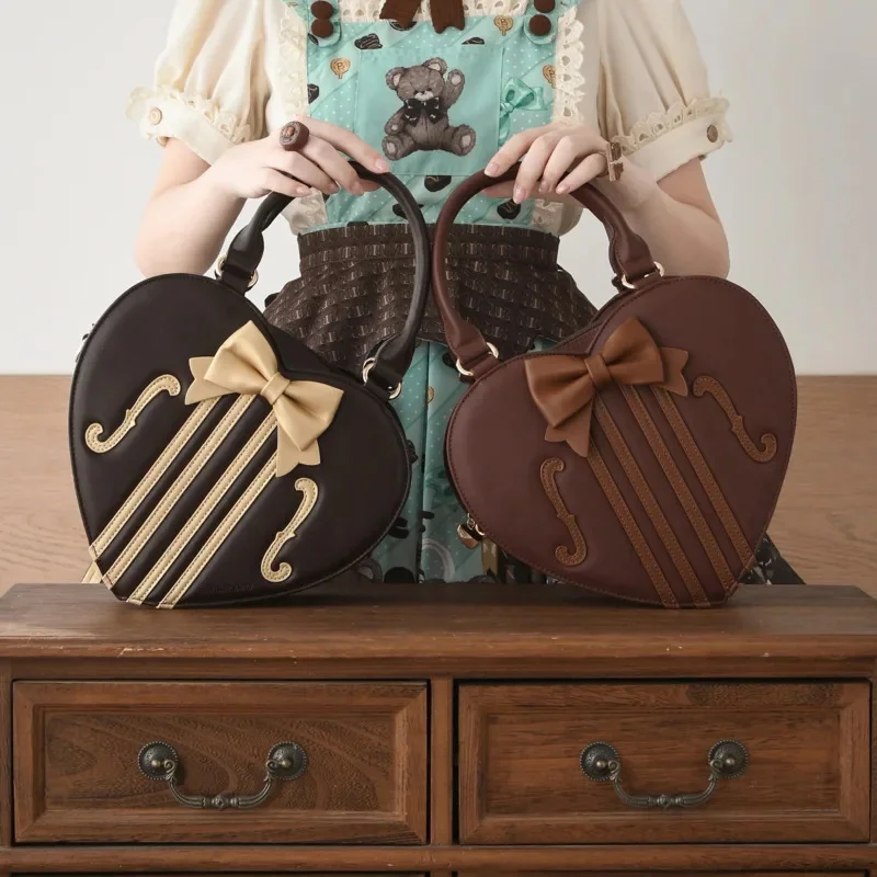 Women Handbag Lolita Sweet Heart Tote Bag Y2K Shaped Violin JK PU Leather Shoulder Bag Bowknot Crossbody, Purse Vintage Girl New