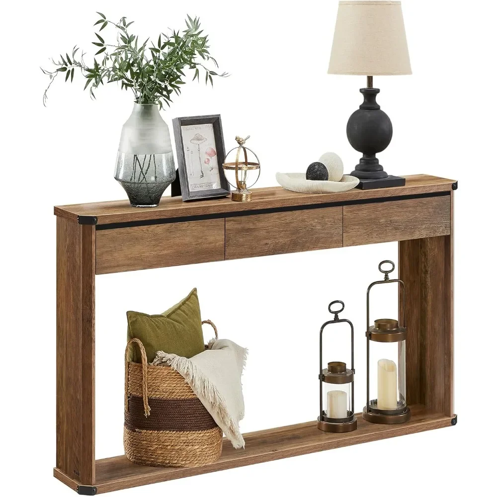 

Console Table, 47.2 Inches Sofa Table, Narrow Entryway with 3 Drawers, Bottom Shelf, Metal Corners, Farmhouse Style Living Room
