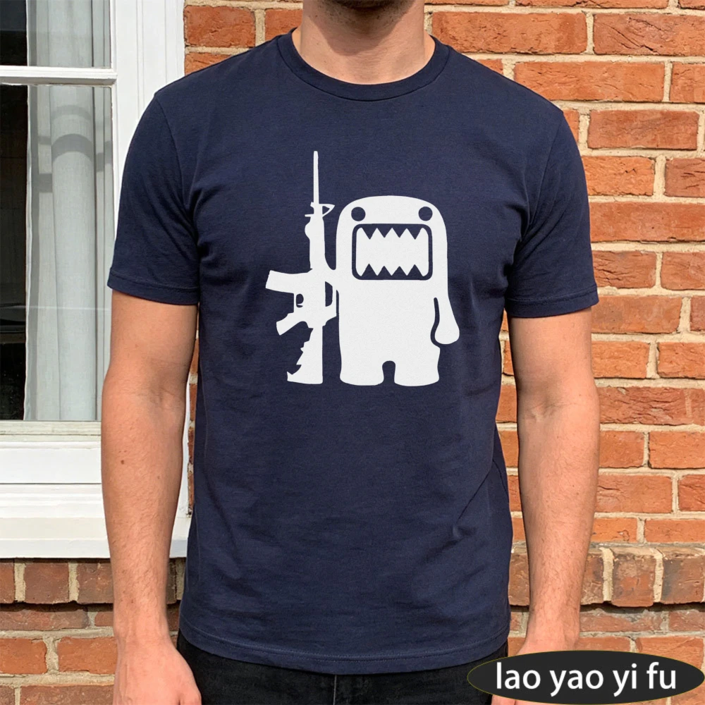 Cotton Men Tee Angry Cartoon Domo Creature Rifle Print Unique Urban Style Wargame Fan Loose Daily Workout Tees