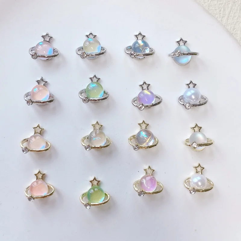 10szt 3D Punk Style Saturn Rhinestone Nail Art Charm Alloy Deluxe Aurora Planet Glitter Nail Decoration DIY for Acrylic Nail