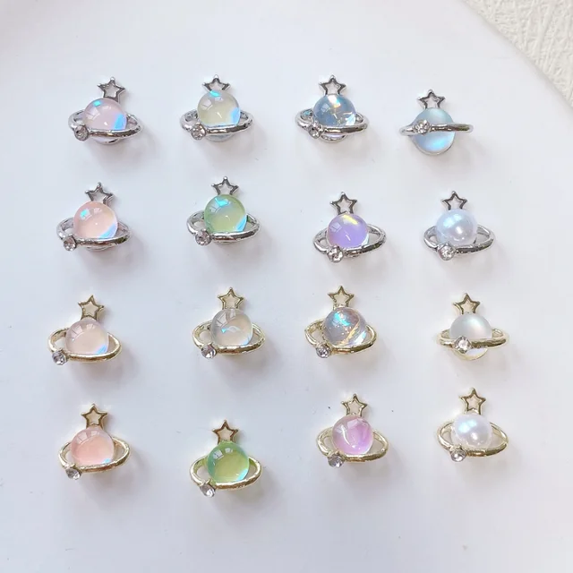 10szt 3D Punk Style Saturn Rhinestone Nail Art Charm Alloy Deluxe Aurora Planet Glitter Nail Decoration DIY for Acrylic Nail