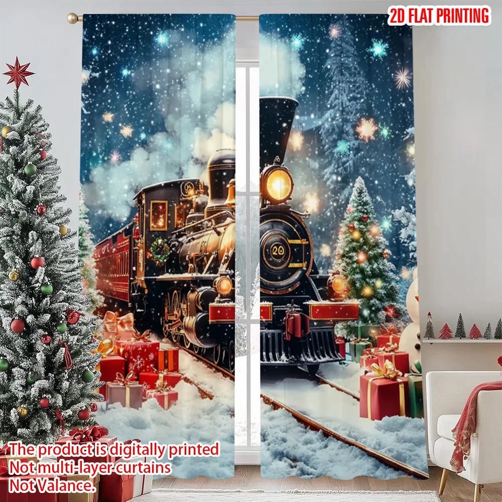

2pcs 2D flat printing Christmas Curtains Day Christmas Train Scene Fabric Without Electricity Festive Curtains for Indoor