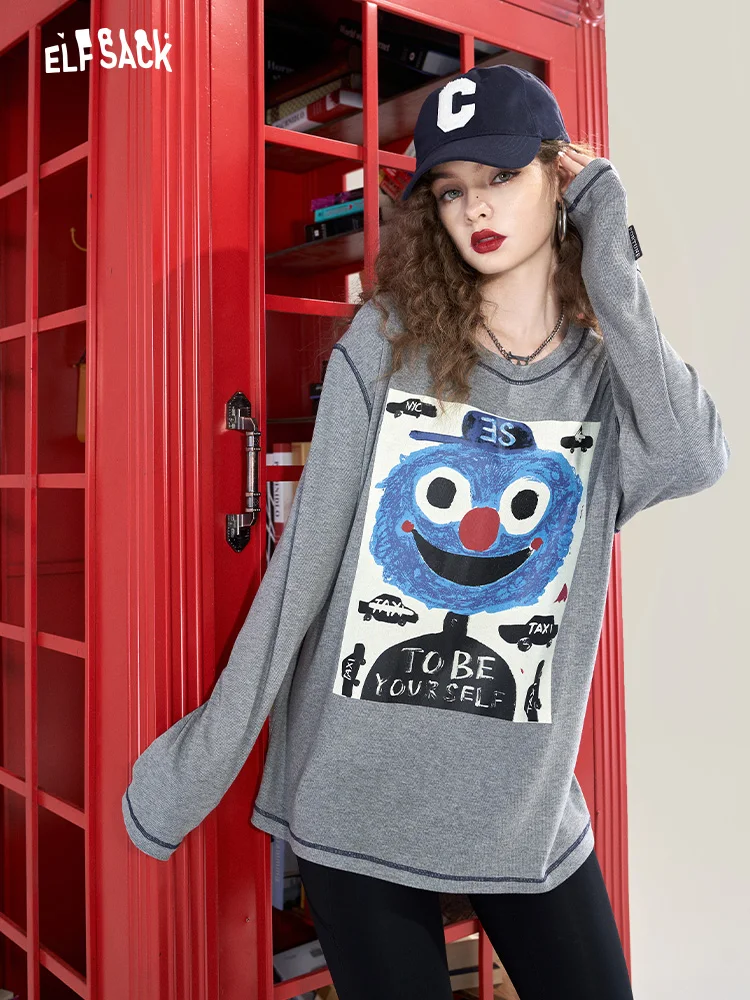 Casual Long Sleeve T-Shirt Women's Early Spring Inner Match Color Contrast Stitching Loose Slimming Top Trendy Print Design