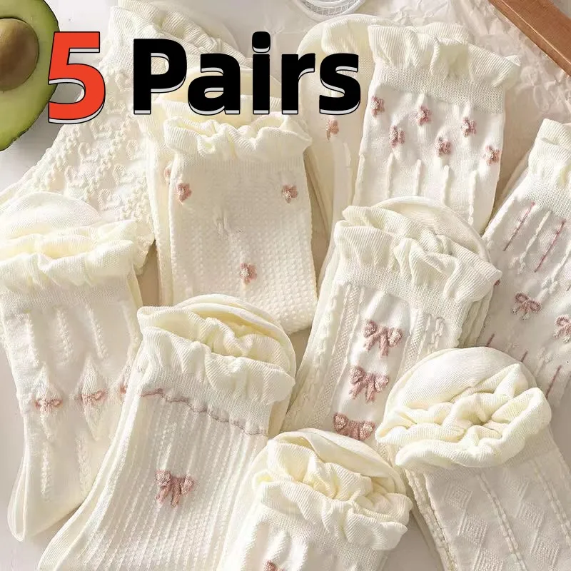 Simple White Socks Versatile Lovely Bowknot Small Flowers Women's Medium Tube Socks kawaii Harajuku jk Lolita Girls Cotton Socks