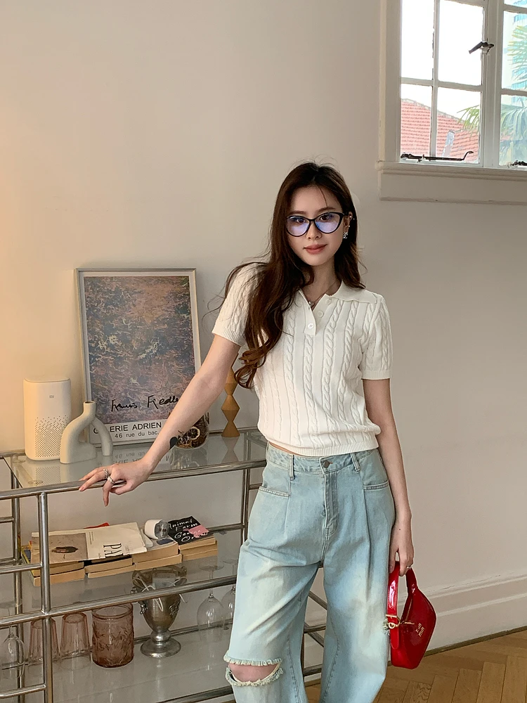 

Женская повседневная летняя футболка DANCC 2024 из трикотажа с косичками, облегающая, в стиле колледж, из полиэфирного волокна, однотонная