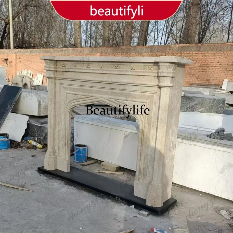 02A Marble fireplace American retro travertine fireplace Living room decorative fireplace Stone carving mantel
