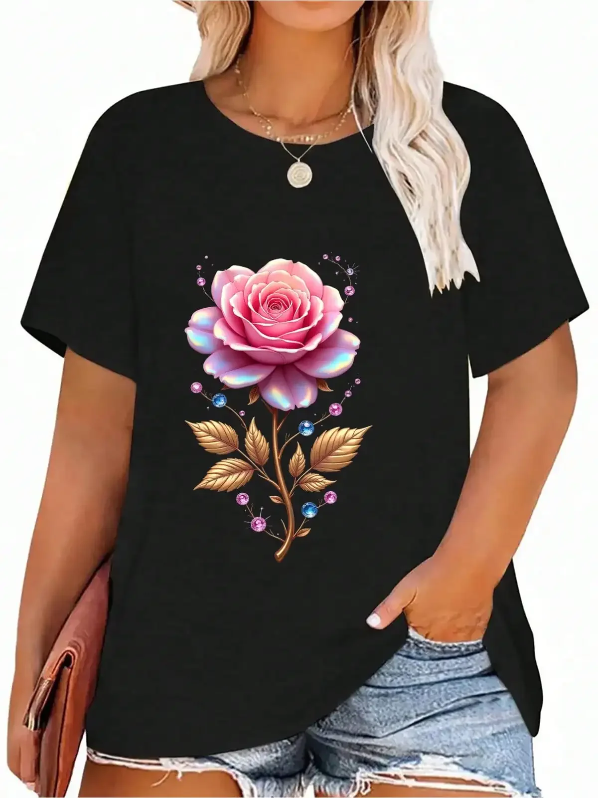 Wo Elegant Pink & Blue Floral T-Shirt - Short Sleeve Round Neck Blouse Top, Lightweight Casual Summer Blouse Shirt Suitable For Seasons, Machine Washable Pink And Blue Roses