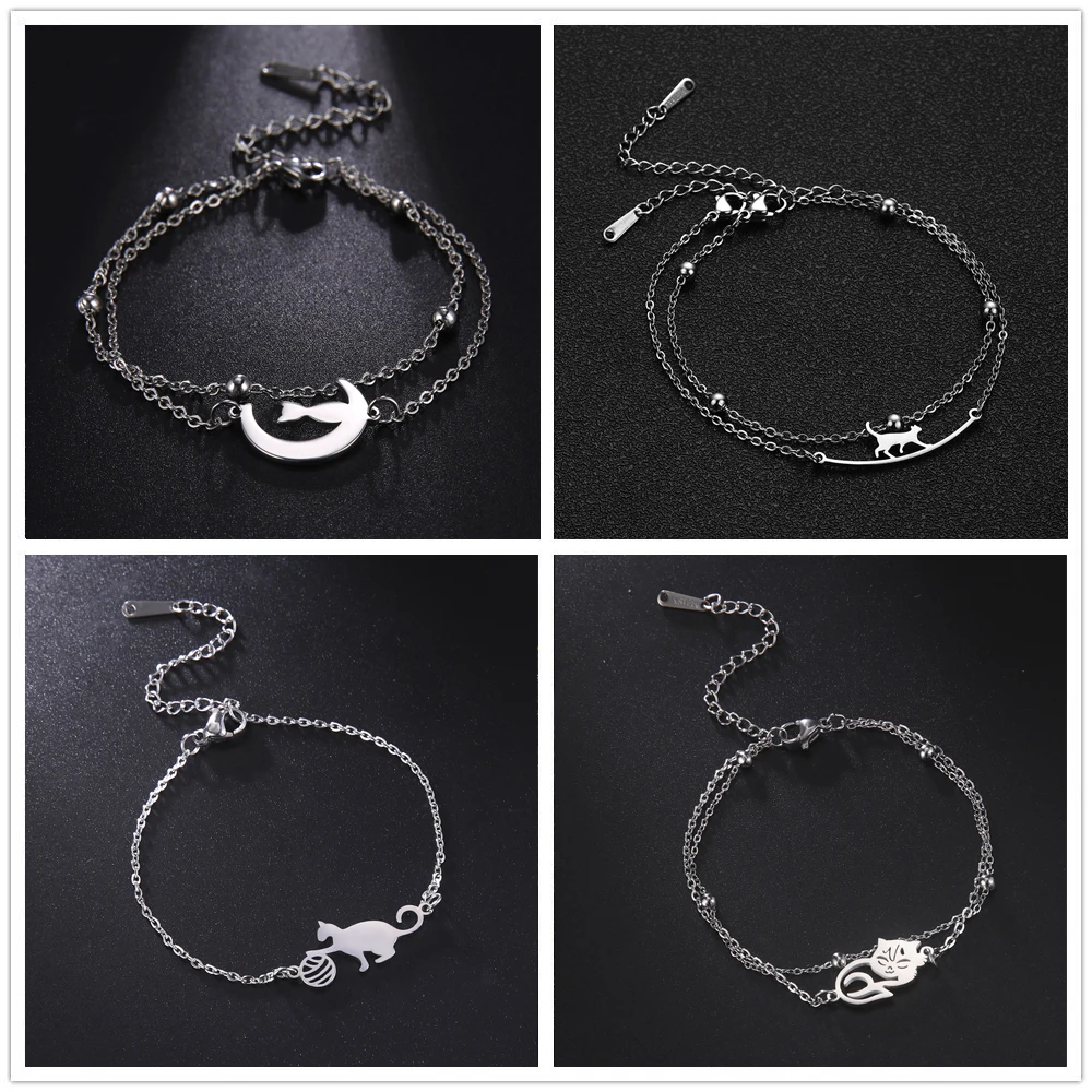 Lucktune-pulseras de gatos linda pulsera de cadena de cuentas colgante de animales de acero inoxidable para hombre y mujer 2024 Regalo de pareja de joyería Kpop de moda