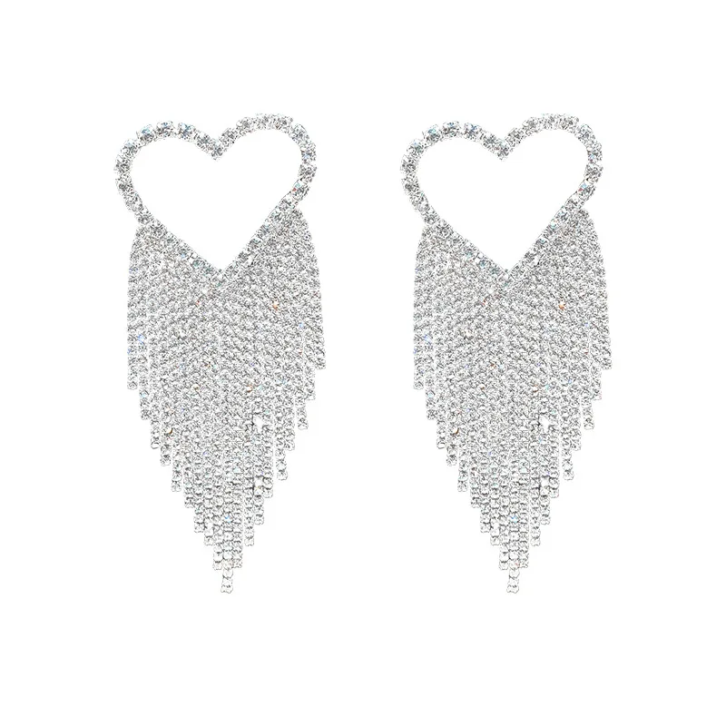 Fashion Long Tassel Rhinestone Drop Earrings for Women Black Heart Crystal Dangle Earring Statement Jewelry